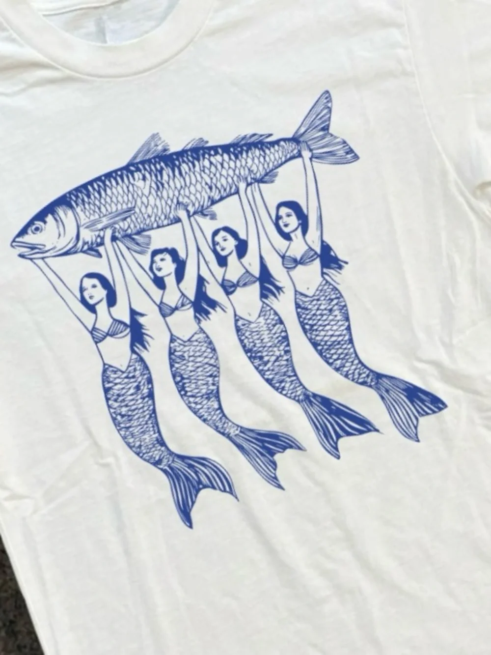 Gildan White Tee with Blue Mermaid Quartet & Fish Graphic